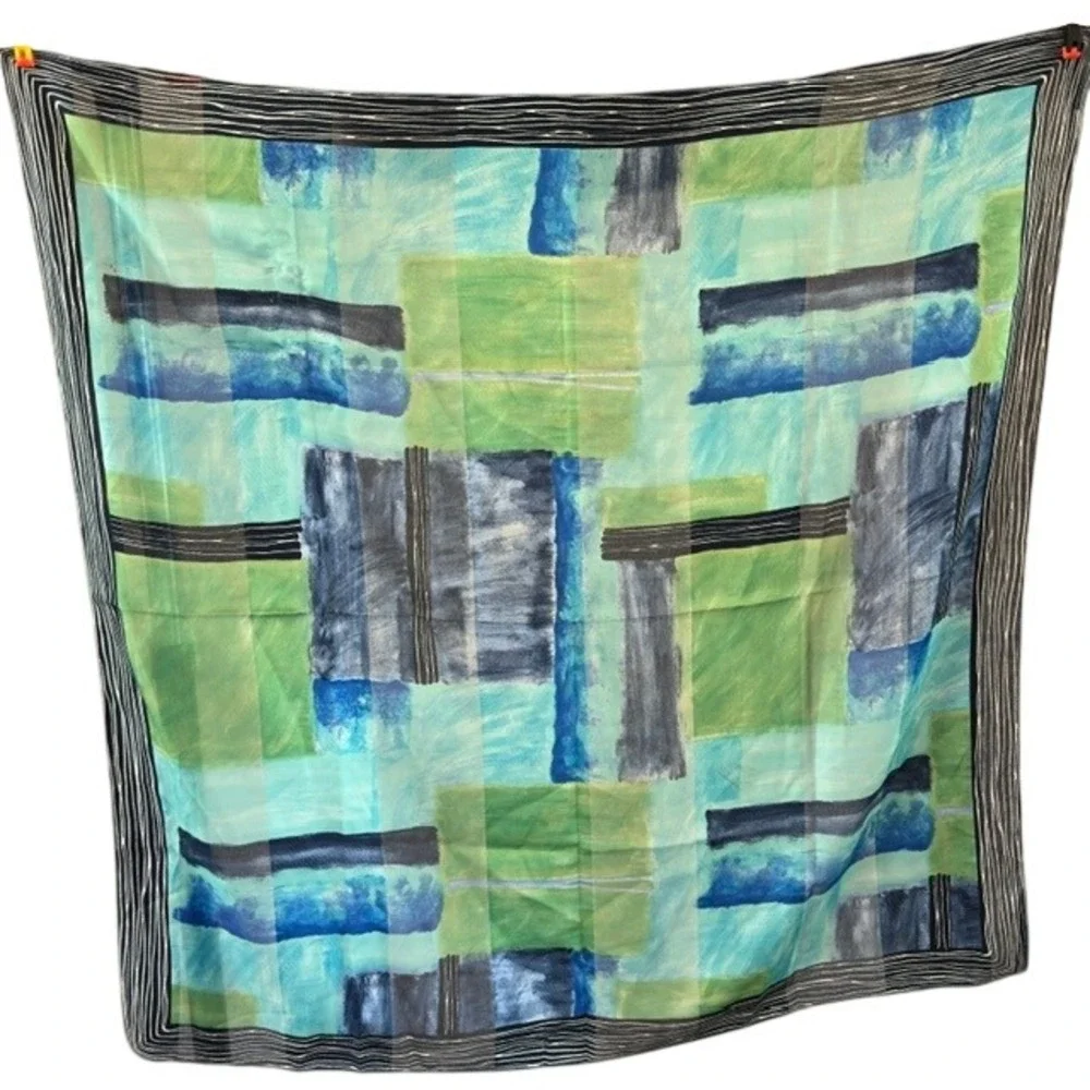 Vintage Abstract Geometric Scarf Blue Green Polyester Made in Italy 31